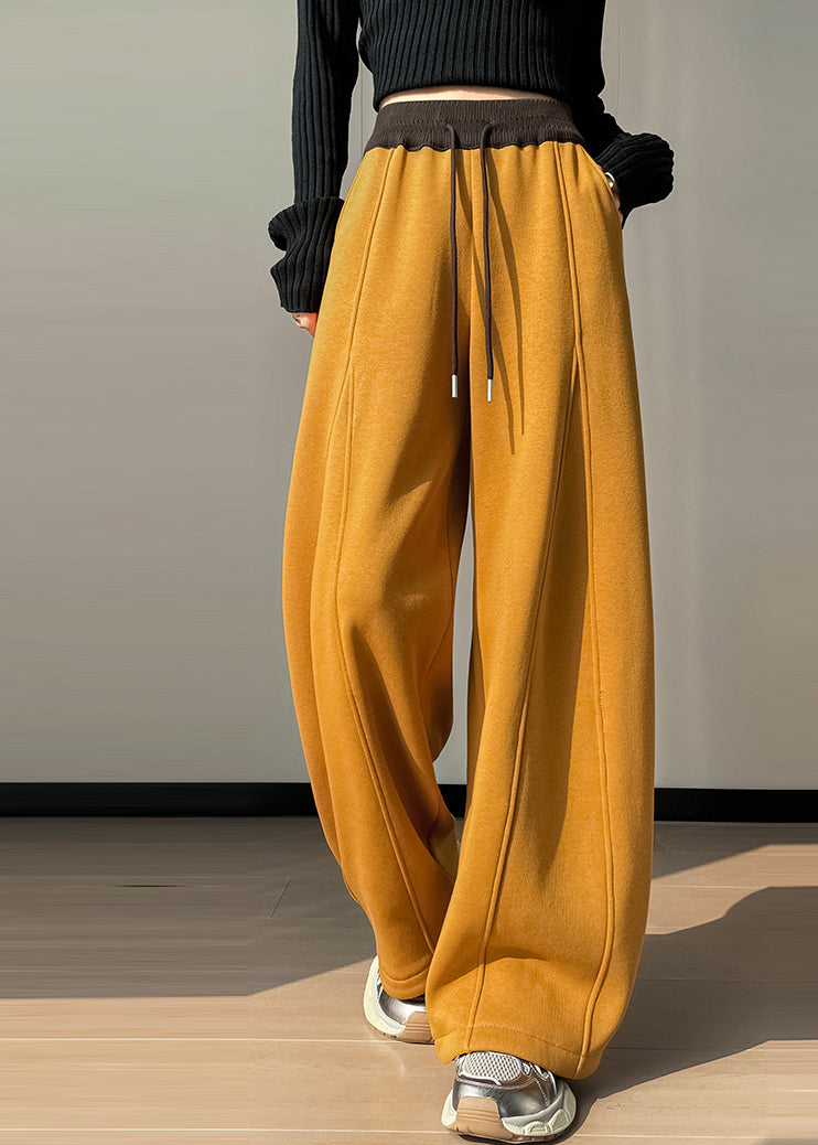 Yellow Elastic Waist Patchwork Warm Fleece Pants Winter