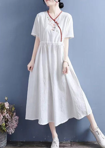 Yellow Embroidered Lace Up Linen Dresses Summer