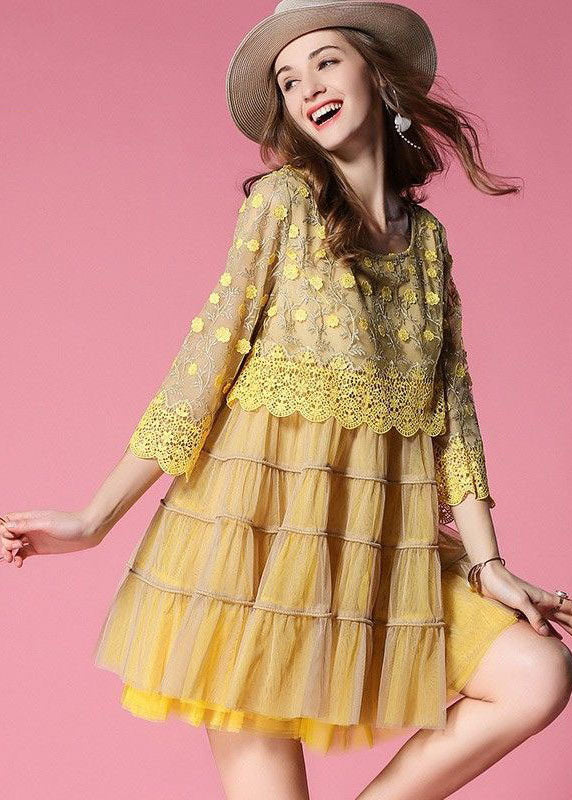 Yellow Embroideried Lace Patchwork Tulle Dress Bracelet Sleeve