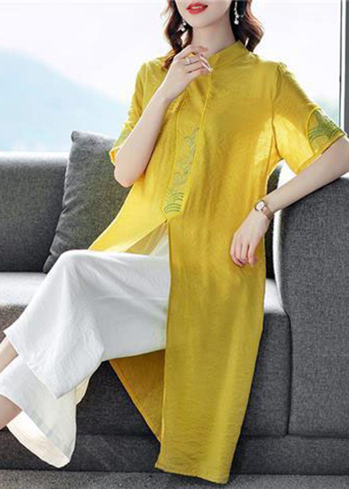 Yellow Embroideried Side Open Linen Two Piece Set Spring