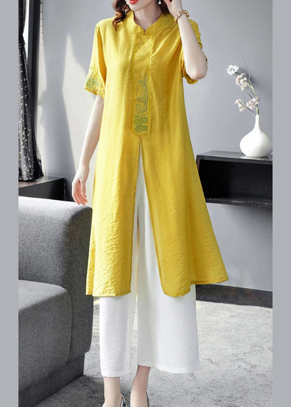Yellow Embroideried Side Open Linen Two Piece Set Spring