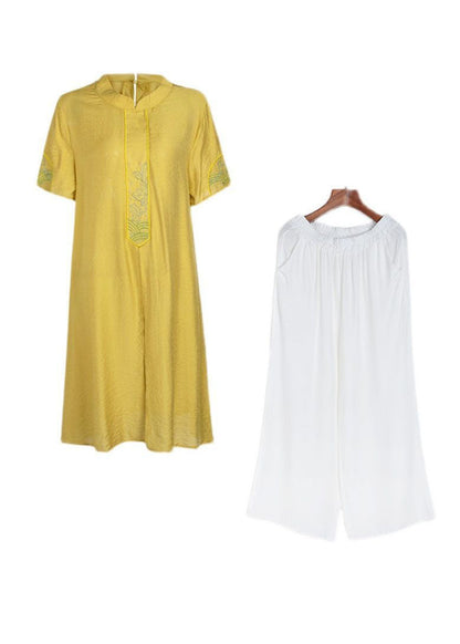 Yellow Embroideried Side Open Linen Two Piece Set Spring