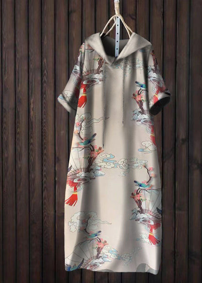 Yellow Hooded Print Patchwork Cotton T Shirt Dress Summer