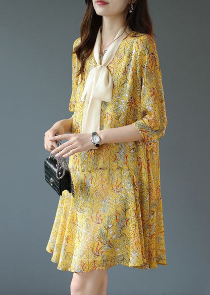 Yellow Lace Up Patchwork Print Chiffon Party Dress Summer