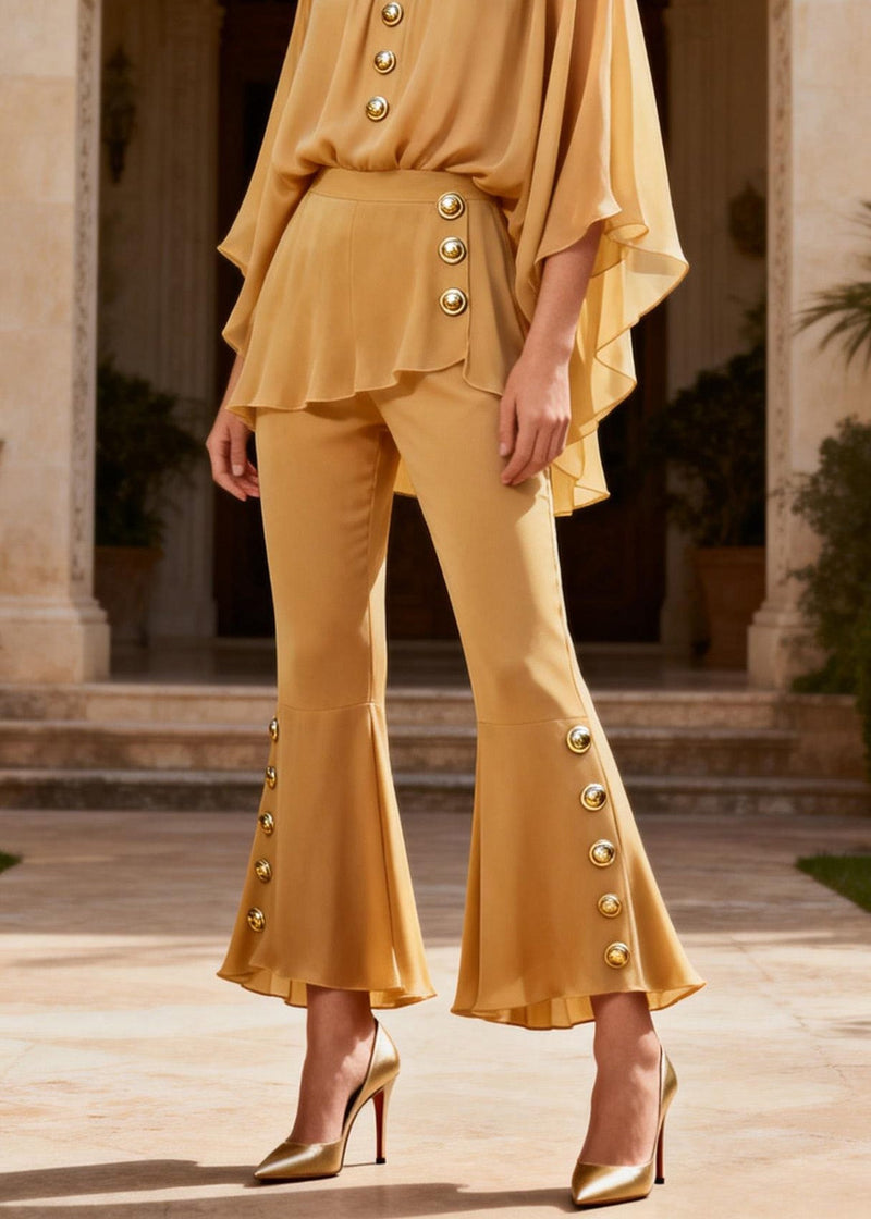 Yellow O Neck Button Patchwork Silk Two Pieces Set Summer