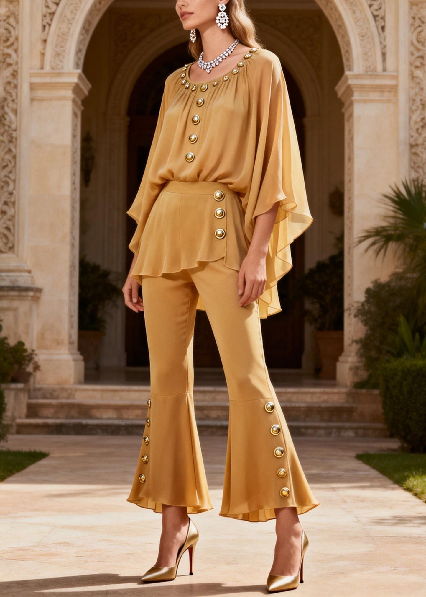 Yellow O Neck Button Patchwork Silk Two Pieces Set Summer