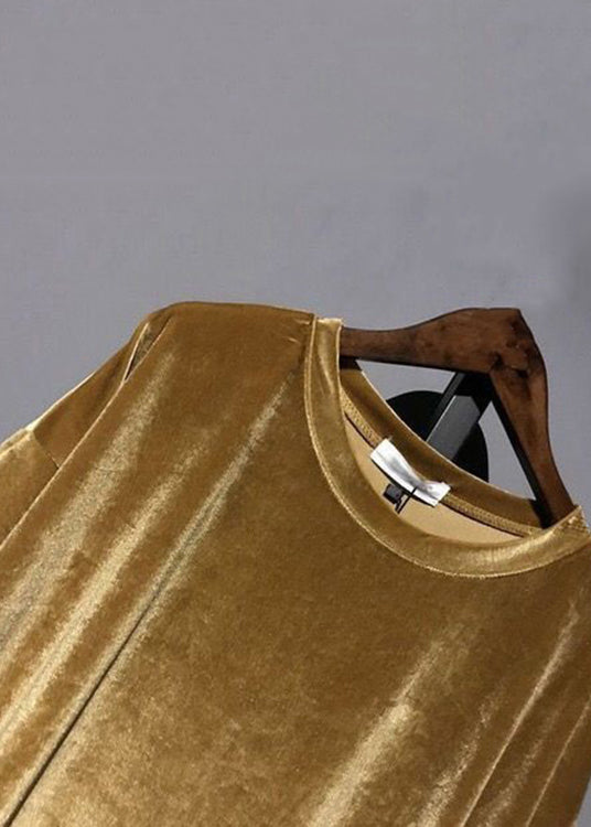 Yellow O Neck Patchwork Velour Mid Dress Half Sleeve