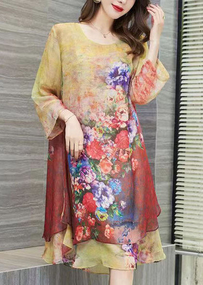 Yellow O Neck Print Patchwork Chiffon Dress Summer