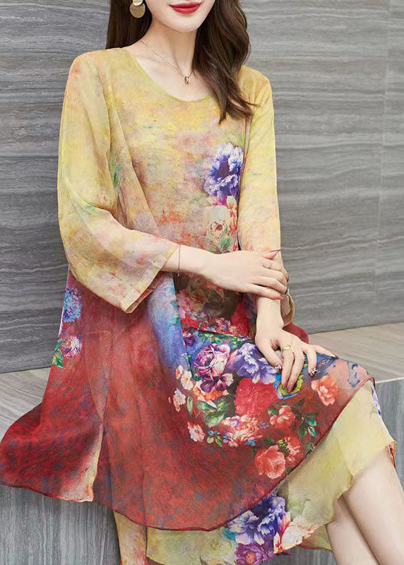 Yellow O Neck Print Patchwork Chiffon Dress Summer