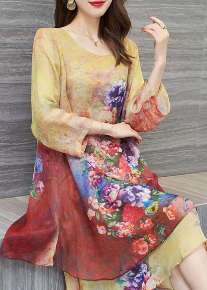 Yellow O Neck Print Patchwork Chiffon Dress Summer