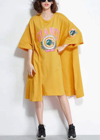 Yellow O Neck Print Patchwork Cotton Mid Dress Summer