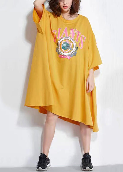 Yellow O Neck Print Patchwork Cotton Mid Dress Summer
