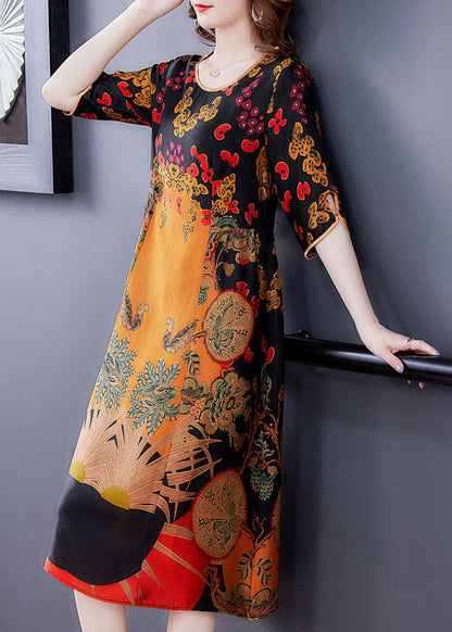 Yellow O-neck Print Silk Dress Half Sleeve