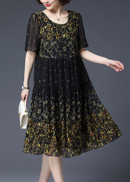 Yellow O-neck Print Wrinkled Chiffon Dress Short Sleeve