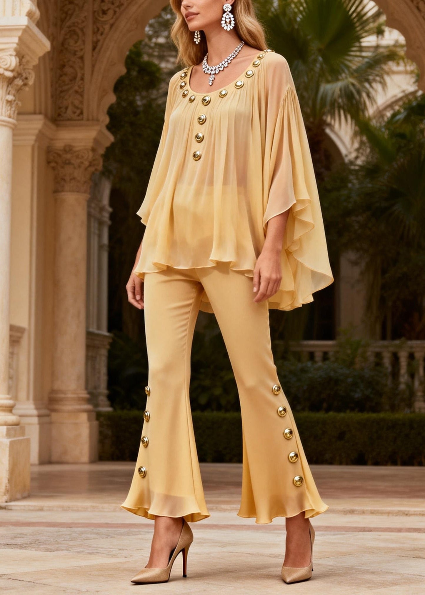Yellow O Neck Sequined Silk Two-piece Set Summer