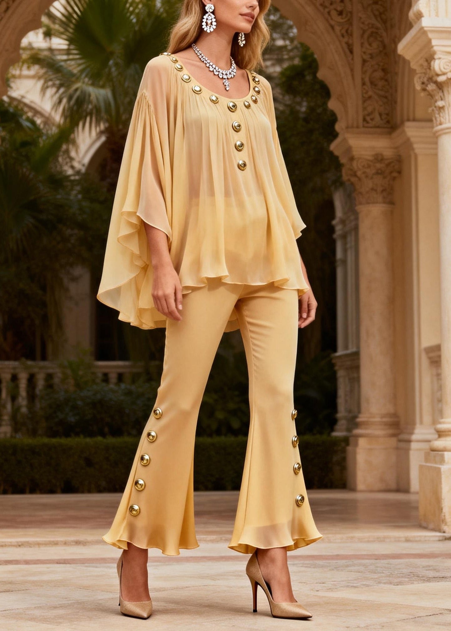 Yellow O Neck Sequined Silk Two-piece Set Summer