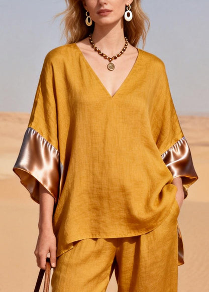 Yellow Oversized Patchwork Linen Silk Two Pieces Set Summer