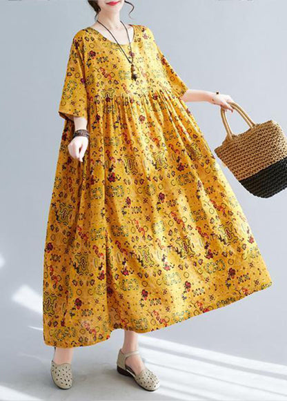 Yellow Oversized Print Linen Long Dress Summer
