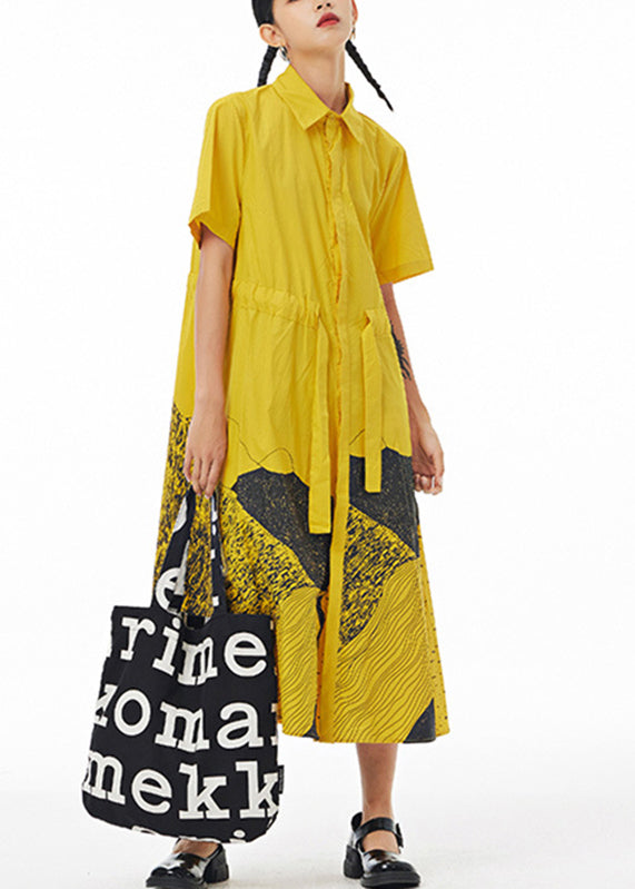 Yellow Patchwork Button Cotton Vacation Maxi Shirt Dresses Summer