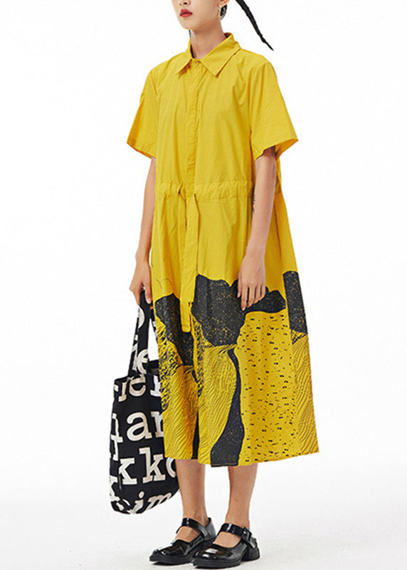 Yellow Patchwork Button Cotton Vacation Maxi Shirt Dresses Summer