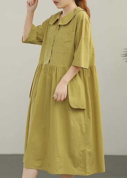 Yellow Peter Pan Collar Button Pockets Long Dresses Summer Cotton
