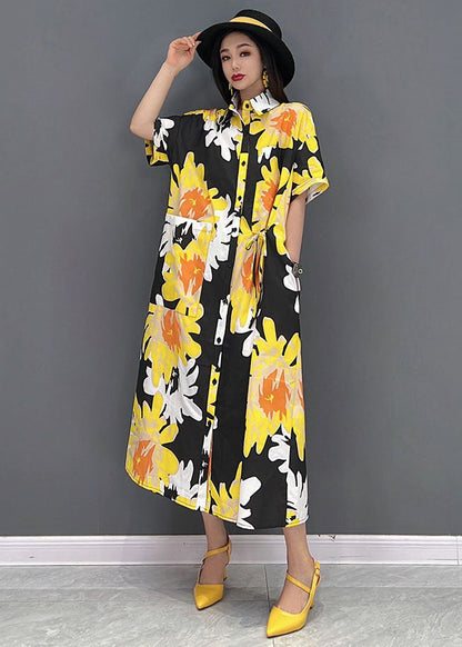 Yellow Peter Pan Collar Print Pockets Chiffon Maxi Dress Short Sleeve