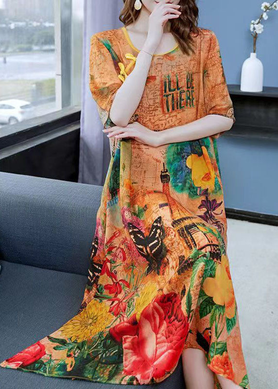 Yellow Print Chinese Button Patchwork Silk Dress Summer
