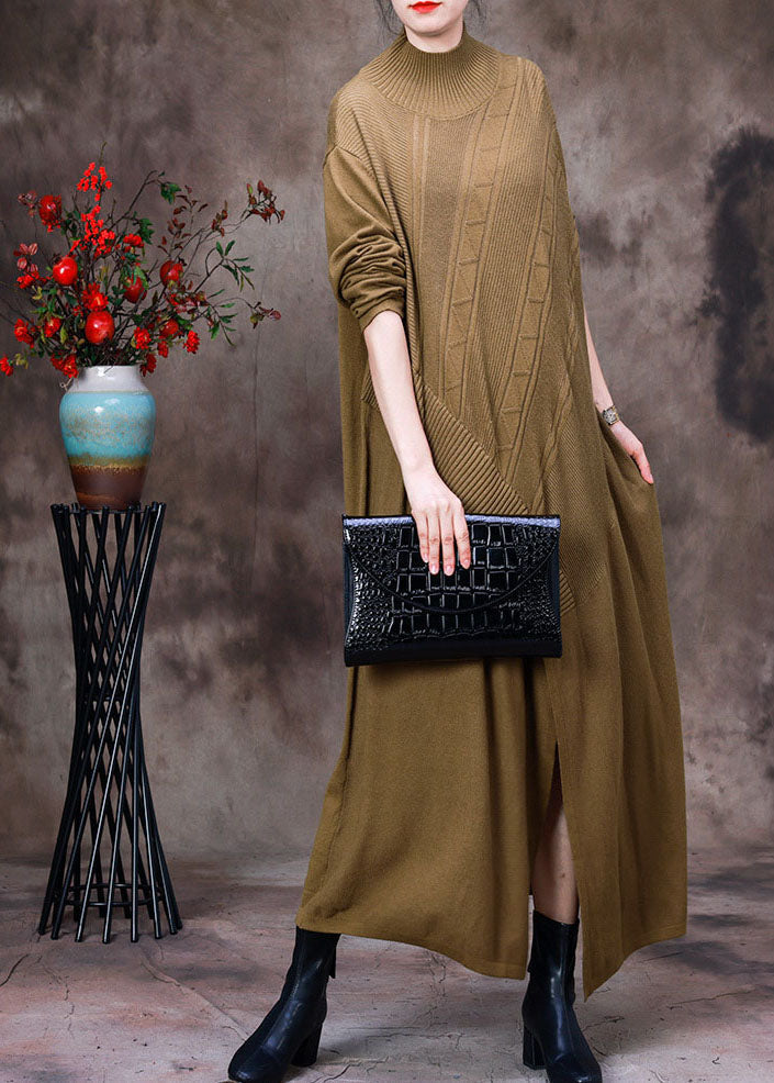 Yellow Turtle Neck Asymmetrical Side Open Knit Long Sweater Winter