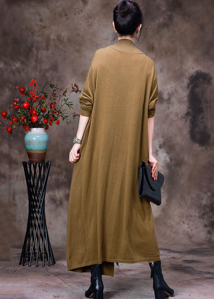 Yellow Turtle Neck Asymmetrical Side Open Knit Long Sweater Winter