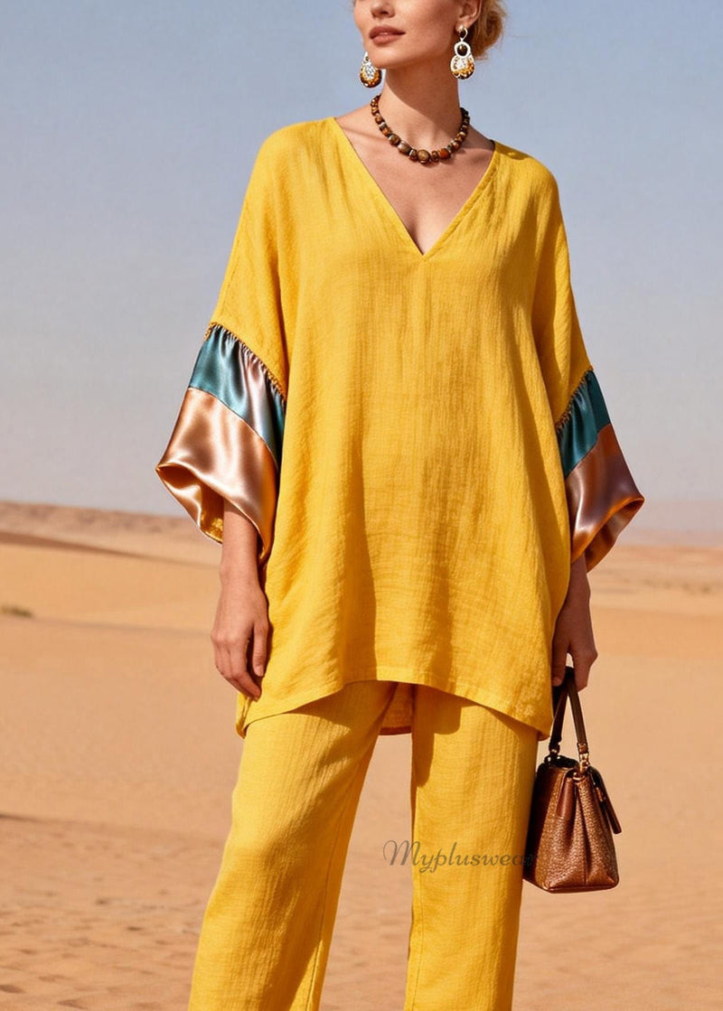 Yellow V Neck Silk Patchwork Linen Two Piece Set Summer