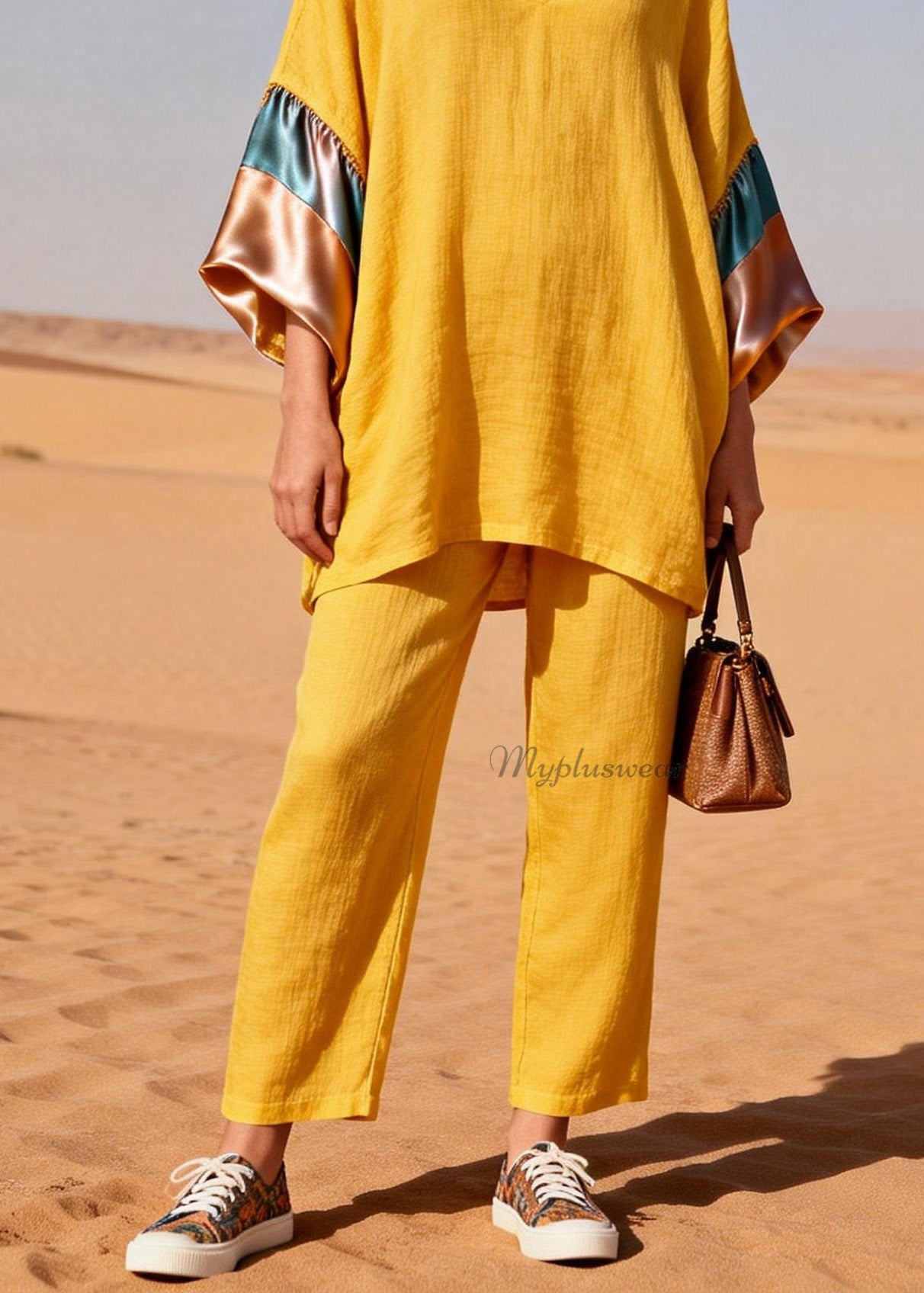 Yellow V Neck Silk Patchwork Linen Two Piece Set Summer
