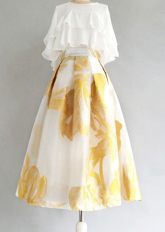 Yellow Wrinkled Patchwork Embroideried Tulle Skirt Summer