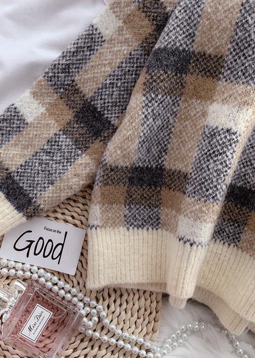 Beige Crane Tops Warm Plaid Knit Sweat Tops