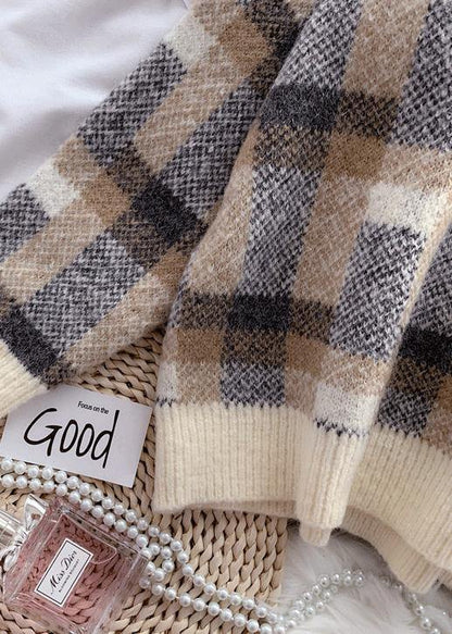 Beige Crane Tops Warm Plaid Knit Sweat Tops