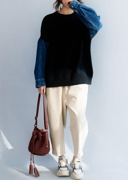 Black Blouse Patchwork Sleeve Winter Knitted Blouse