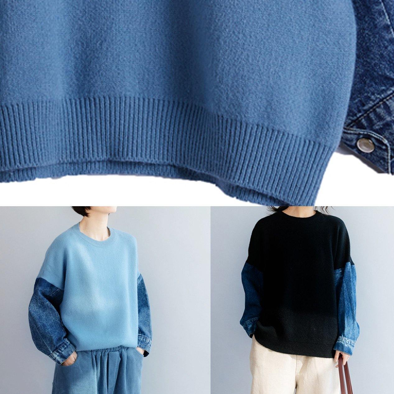 Black Blouse Patchwork Sleeve Winter Knitted Blouse