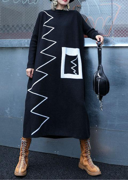Black Sweater Dresses Diy Patchwork Color Ugly Fall Knitwear