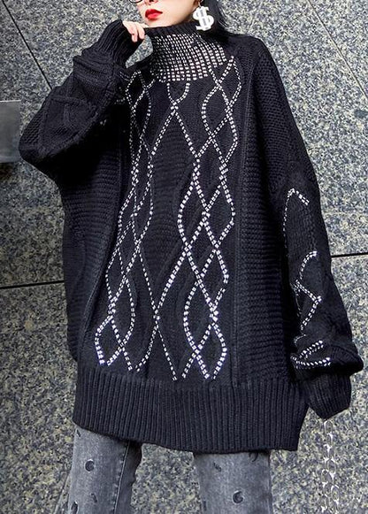 Black Knitted T Shirt Sequined High Neck Sweaters