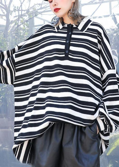 Black White Striped Knit Tops Clothing Lapel Baggy Knit Sweat Tops