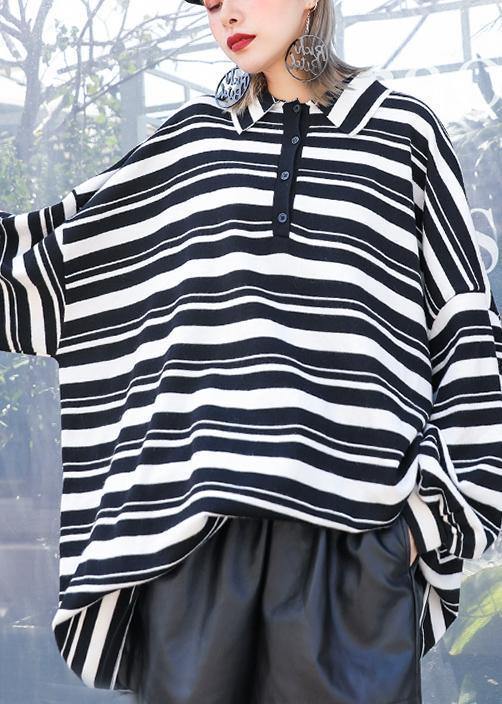 Black White Striped Knit Tops Clothing Lapel Baggy Knit Sweat Tops