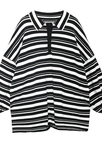 Black White Striped Knit Tops Clothing Lapel Baggy Knit Sweat Tops