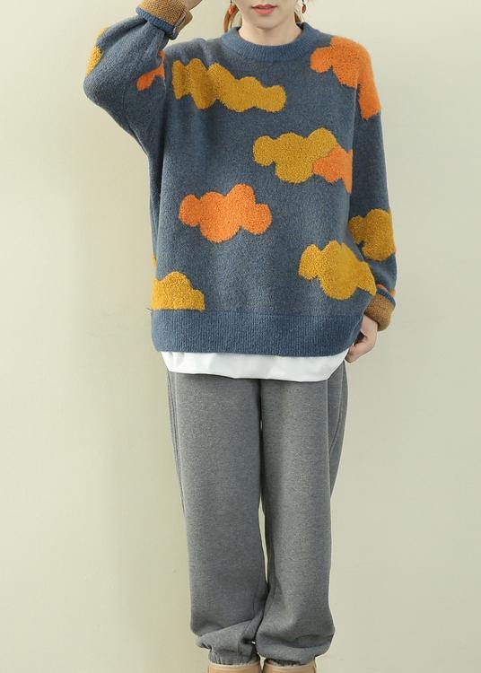 Blue Cloud Knit Sweaters O Neck False Two Pieces Knitted Pullover