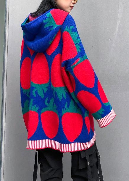 Blue Print Blouse Knit Tops Hooded Drawstring Tops
