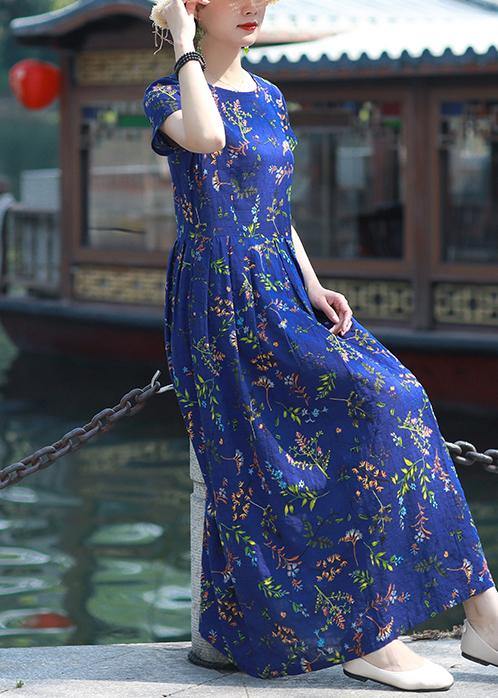 Blue Print Cotton Linen Tunics O Neck Cinched Short Summer Dress