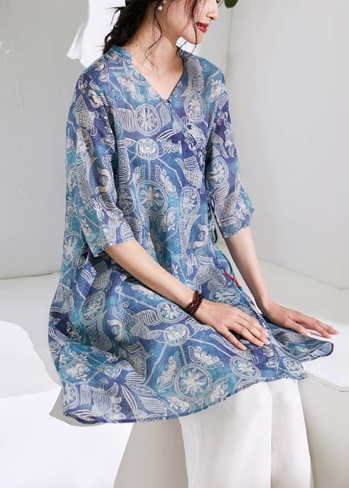 Blue Print Cotton Linen Clothes for Photography V Neck Tie Waist Shirts