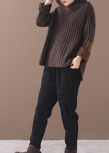 Brown Knit Tops Patchwork Sleeve High Neck Sweaters