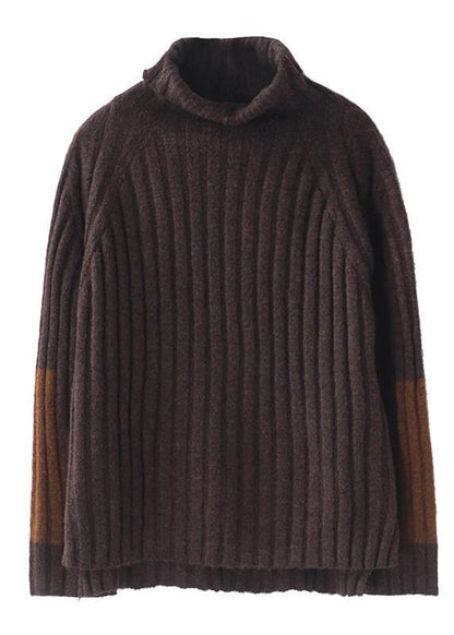 Brown Knit Tops Patchwork Sleeve High Neck Sweaters