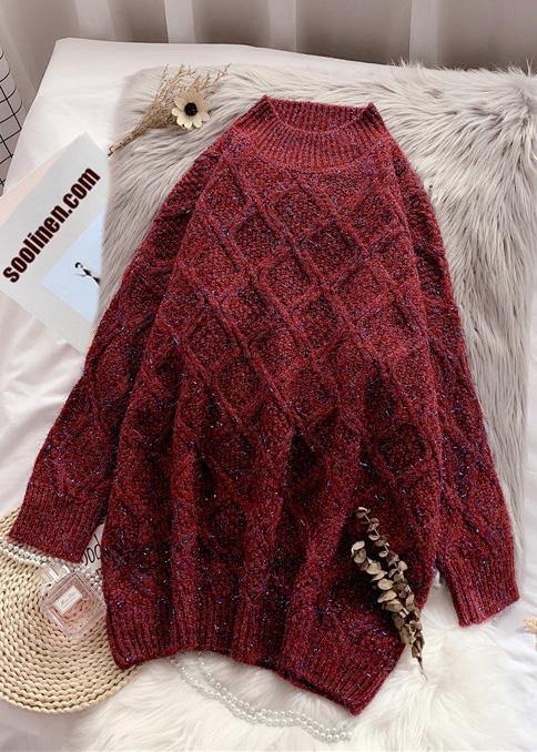 Burgundy Sweater Outfits O Neck Thick Art Knitted Tops