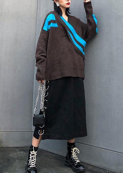 Chocolate Sweater Blouse V Neck Patchwork Sweaters