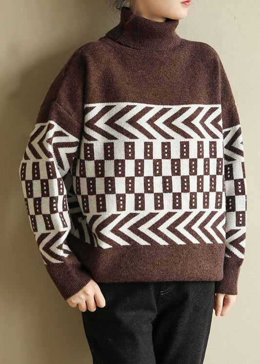 Chocolate Knitted Pullover Patchwork Loose Fitting High Neck Sweaters